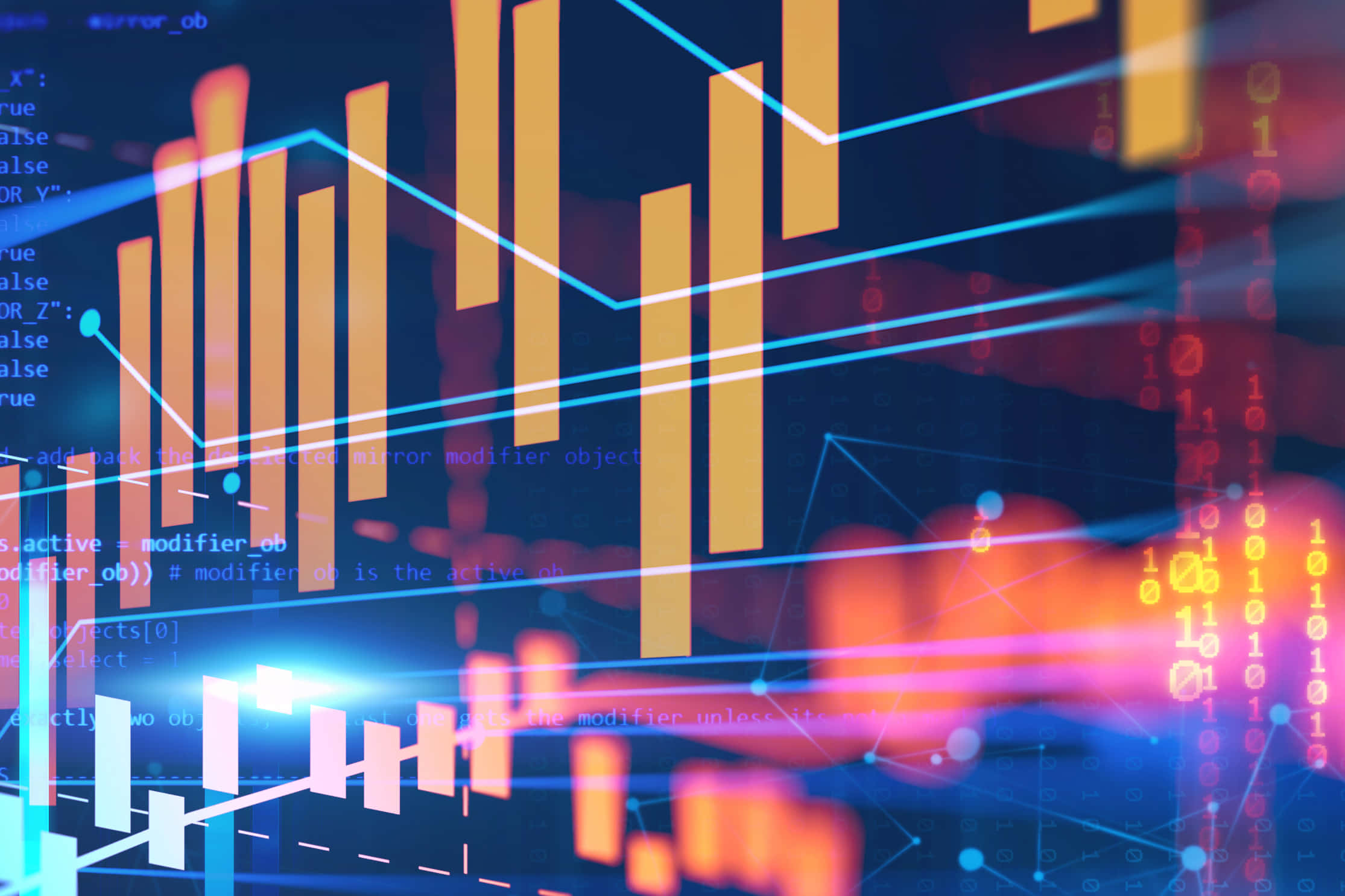 Forex 桌布 壁紙 — 鮮豔的數位金融圖表和發光的二進位代碼漂浮在深藍色科技背景上。