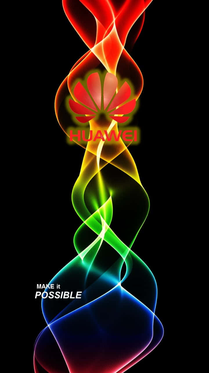 黑色背景上，色彩繽紛的旋轉光軌圍繞著Huawei標誌。 — 華為 GIF 壁紙