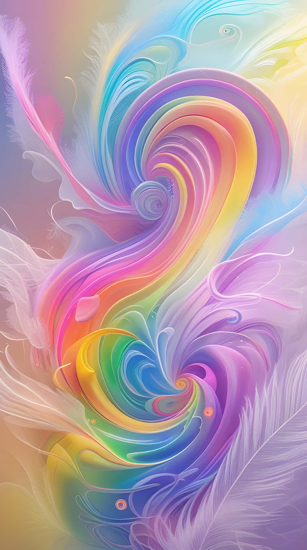 Cute abstract paintings background wallpaper 壁紙 — 鮮豔的旋轉彩虹色彩像液體顏料般流動，帶有柔軟羽毛般的縷縷，映襯在粉彩漸變背景上。
