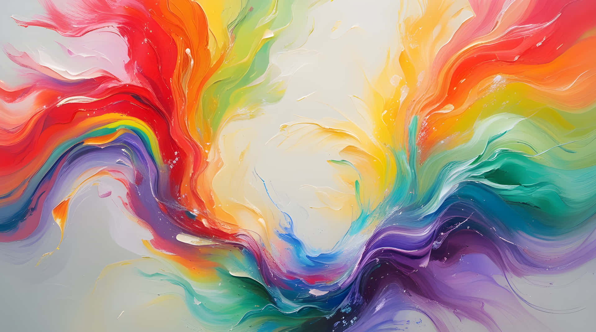 Colourful abstract paintings wallpaper 壁紙 — 鮮豔的旋轉彩虹顏料在淺色背景上動態流動，形成抽象構圖。