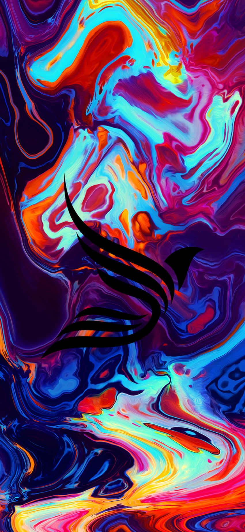 桌布 壁紙 — 鮮豔的旋轉抽象色彩，黑色風格化鳥類剪影，背景為迷幻流體。