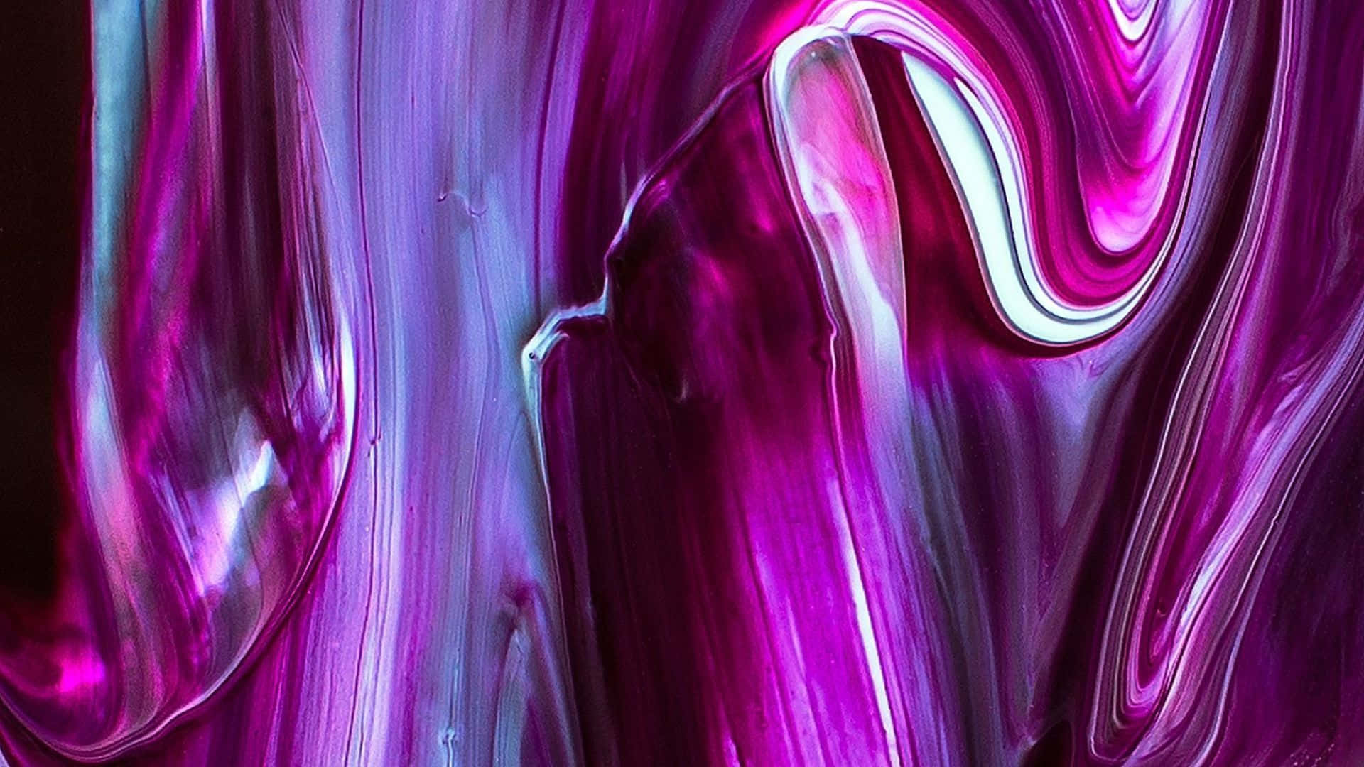 paint 桌布 壁紙 — 鮮豔的旋轉洋紅色和青色液體顏料在深色背景上以光澤、抽象的有機圖案流動。