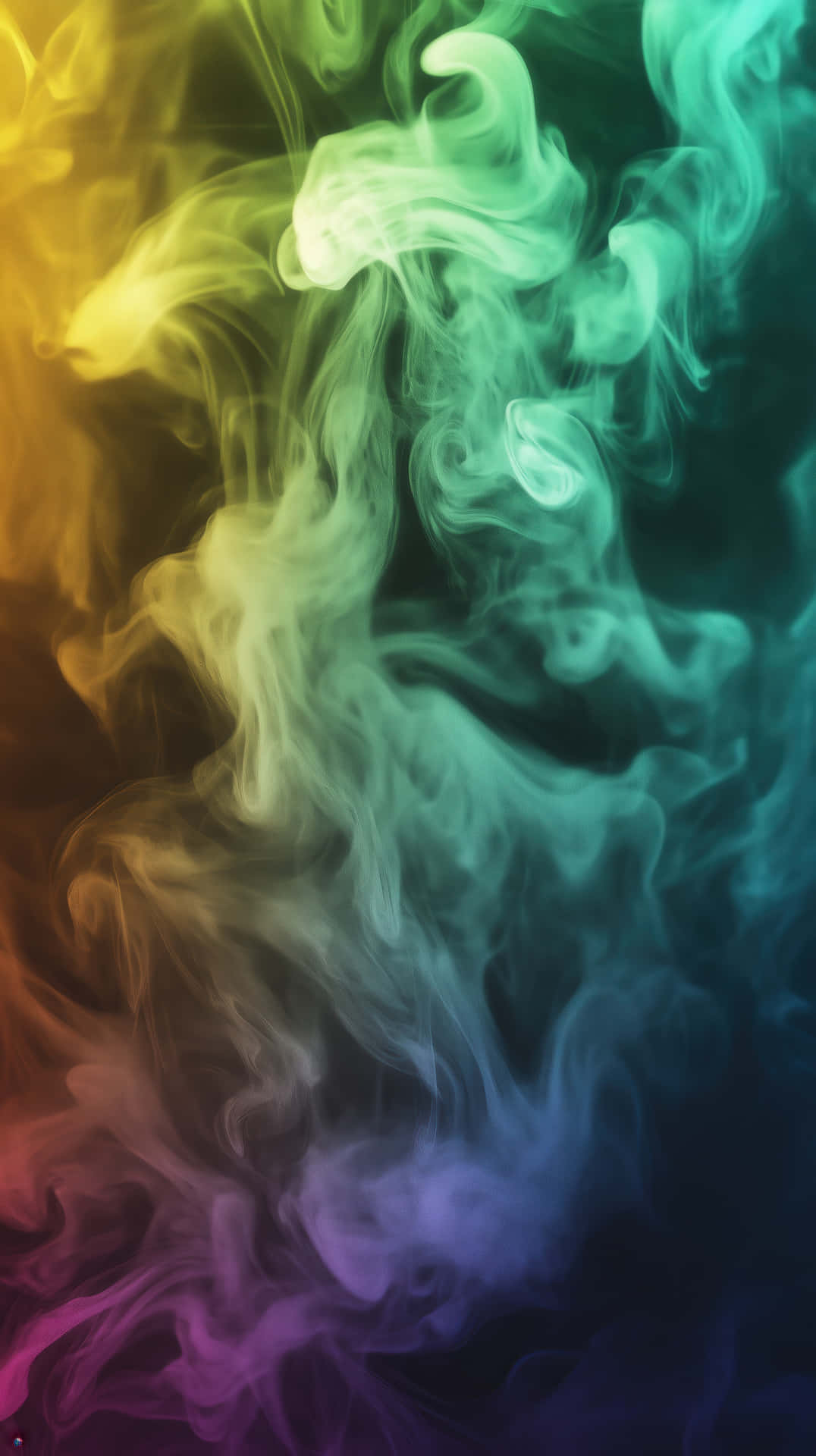 Colorful Swirling Smoke in Vibrant Green, Yellow, Blue, and Purple - Abstract and Dynamic Design 壁紙 — 鮮豔的旋轉煙霧從金黃色過渡到藍綠色再到深紫色，背景為深色。