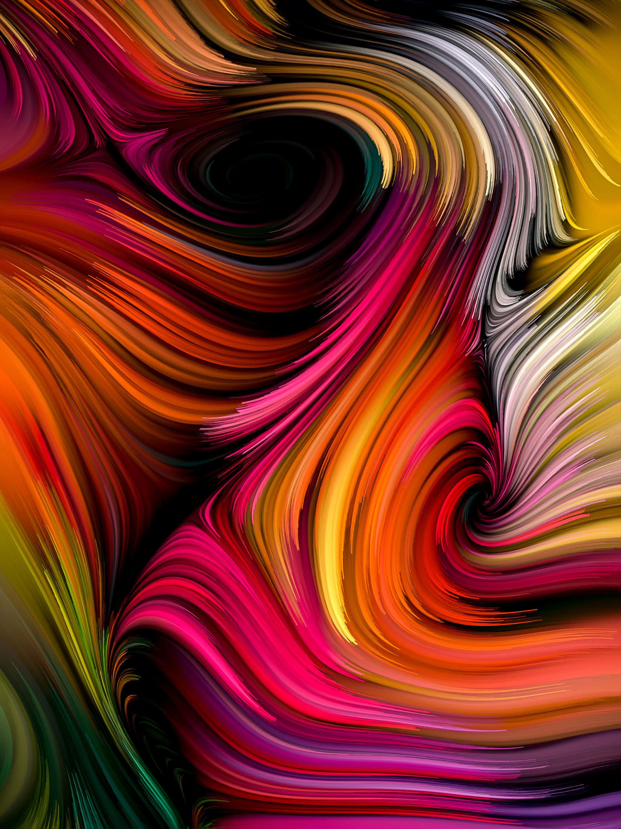 2048x2732 桌布 壁紙 — 鮮豔的旋轉色彩絲帶在深色背景上動態流動，形成迷人的抽象構圖。
