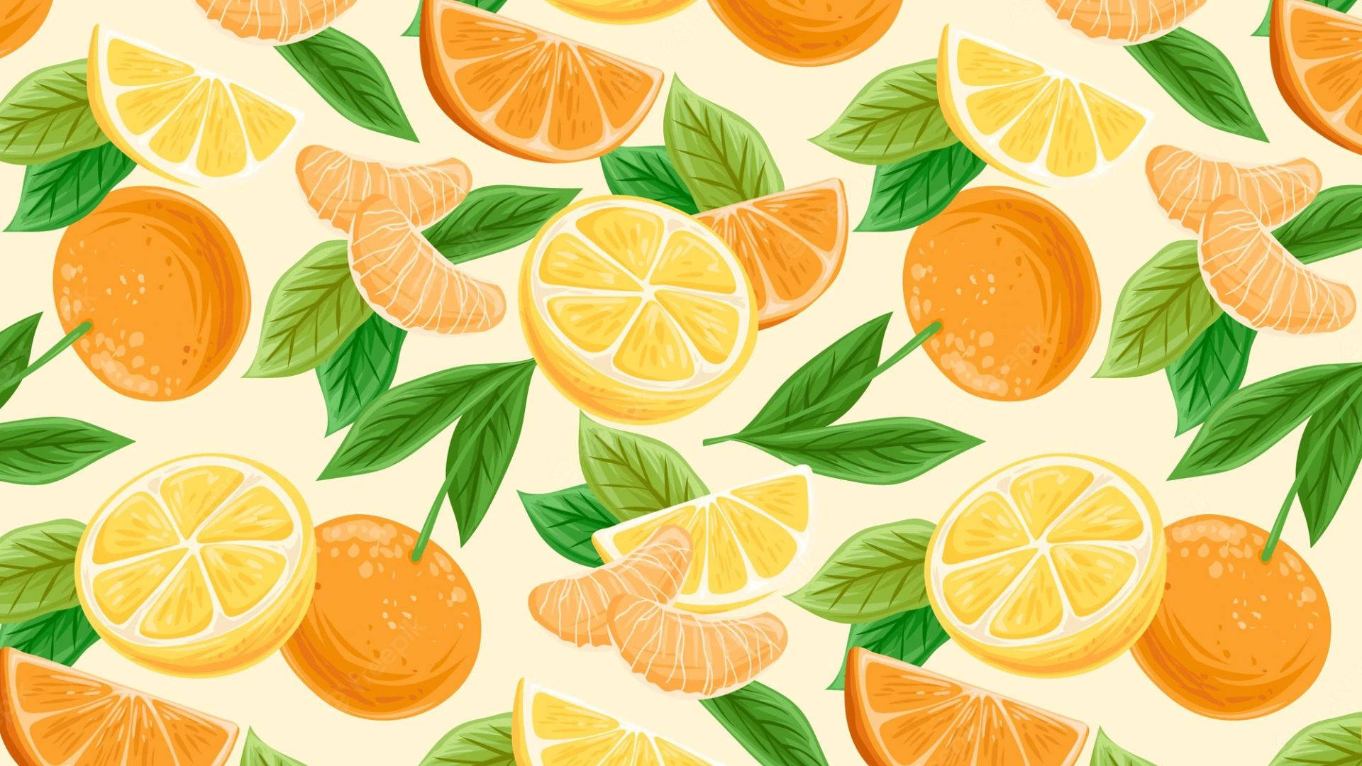 Orange Fruit 桌布 壁紙 — 鮮豔的柑橘片和葉子在柔和的奶油色背景上形成歡快的重複圖案。