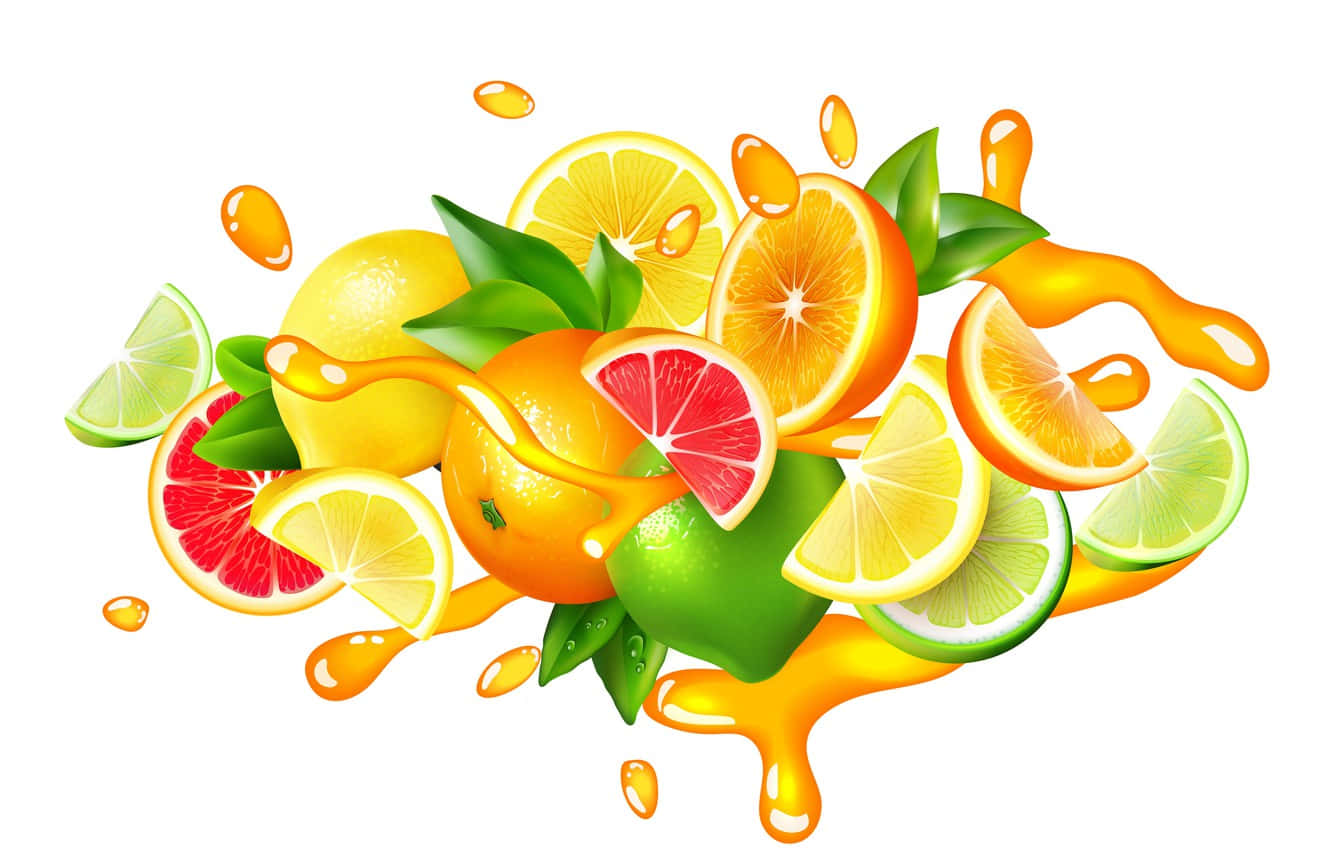 Drink 桌布 壁紙 — 鮮豔的柑橘類水果切片，果汁在潔白背景上飛濺。