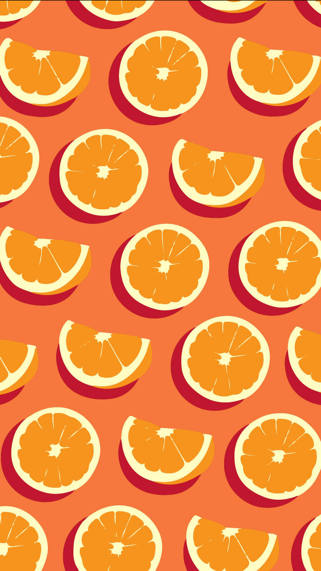 Cute Orange 桌布 壁紙 — 鮮豔的橙片和半個橙子以重複圖案排列在溫暖的珊瑚色背景上，帶有柔和陰影。