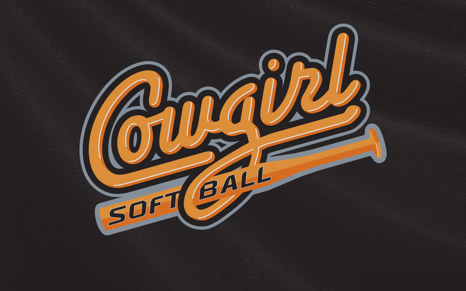 壘球 桌布 壁紙 — 鮮豔的橙色「Cowgirl Softball」標誌，帶有棒球棒設計，背景為質感黑色布料。