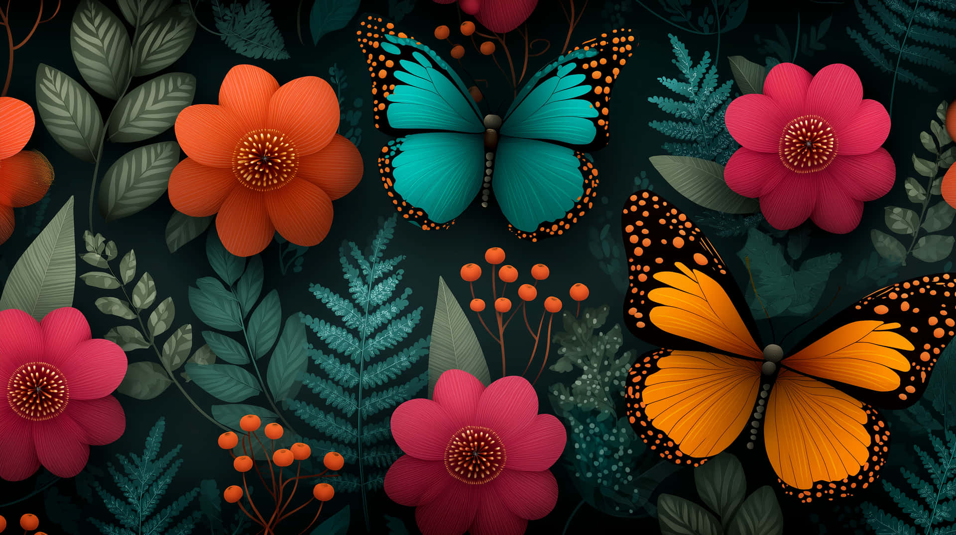 Playful Butterflies and Flowers in a Botanical Doodle 壁紙 — 鮮豔的橙色、粉紅色和藍綠色花朵，蝴蝶在深色背景上茂密的綠色蕨類植物間飛舞。