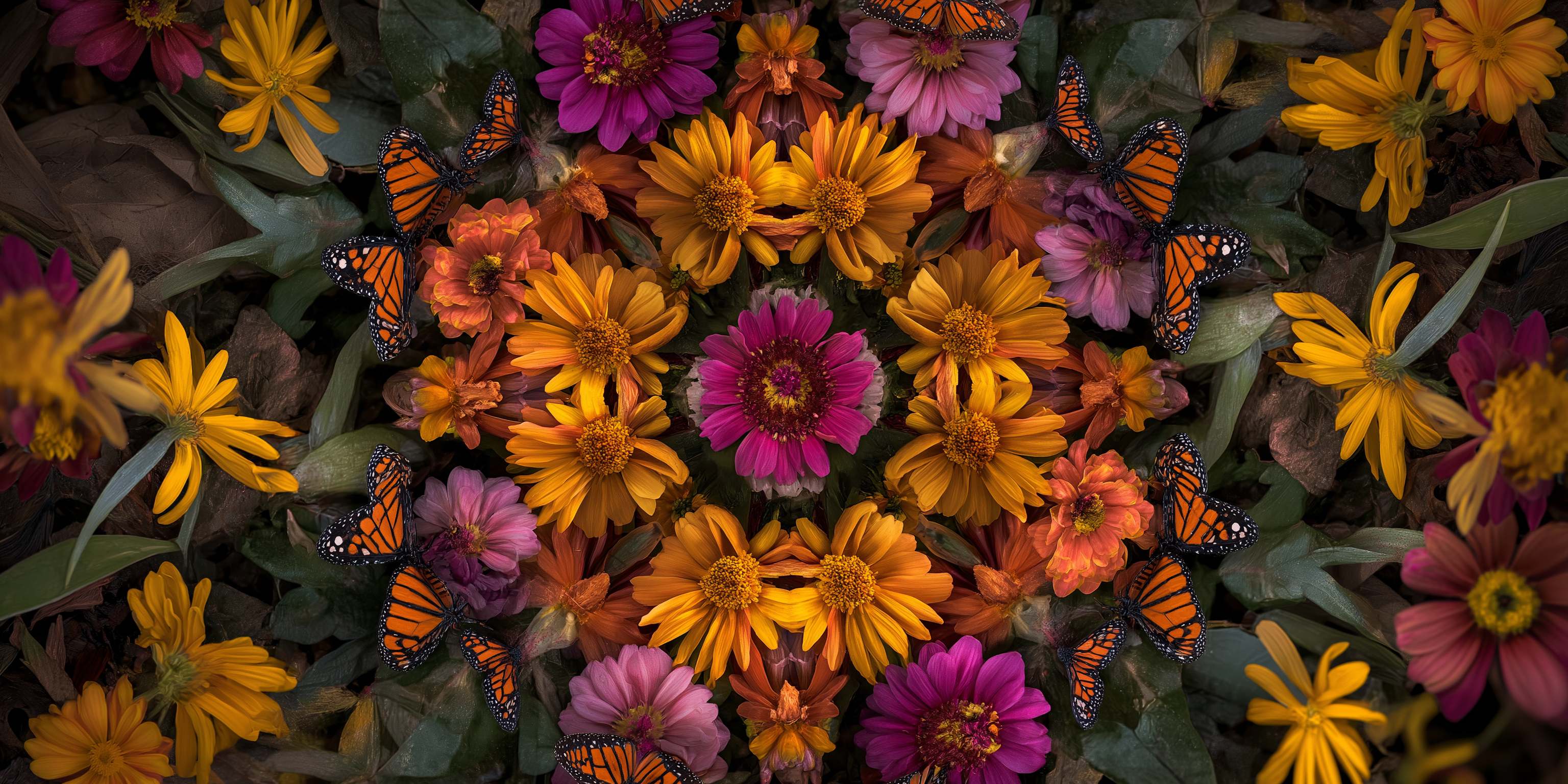 kaleidoscope 桌布 壁紙 — 鮮豔的橙色、粉紅色和黃色百日菊在深綠色葉子間密集綻放，帝王蝶停留在花瓣上。