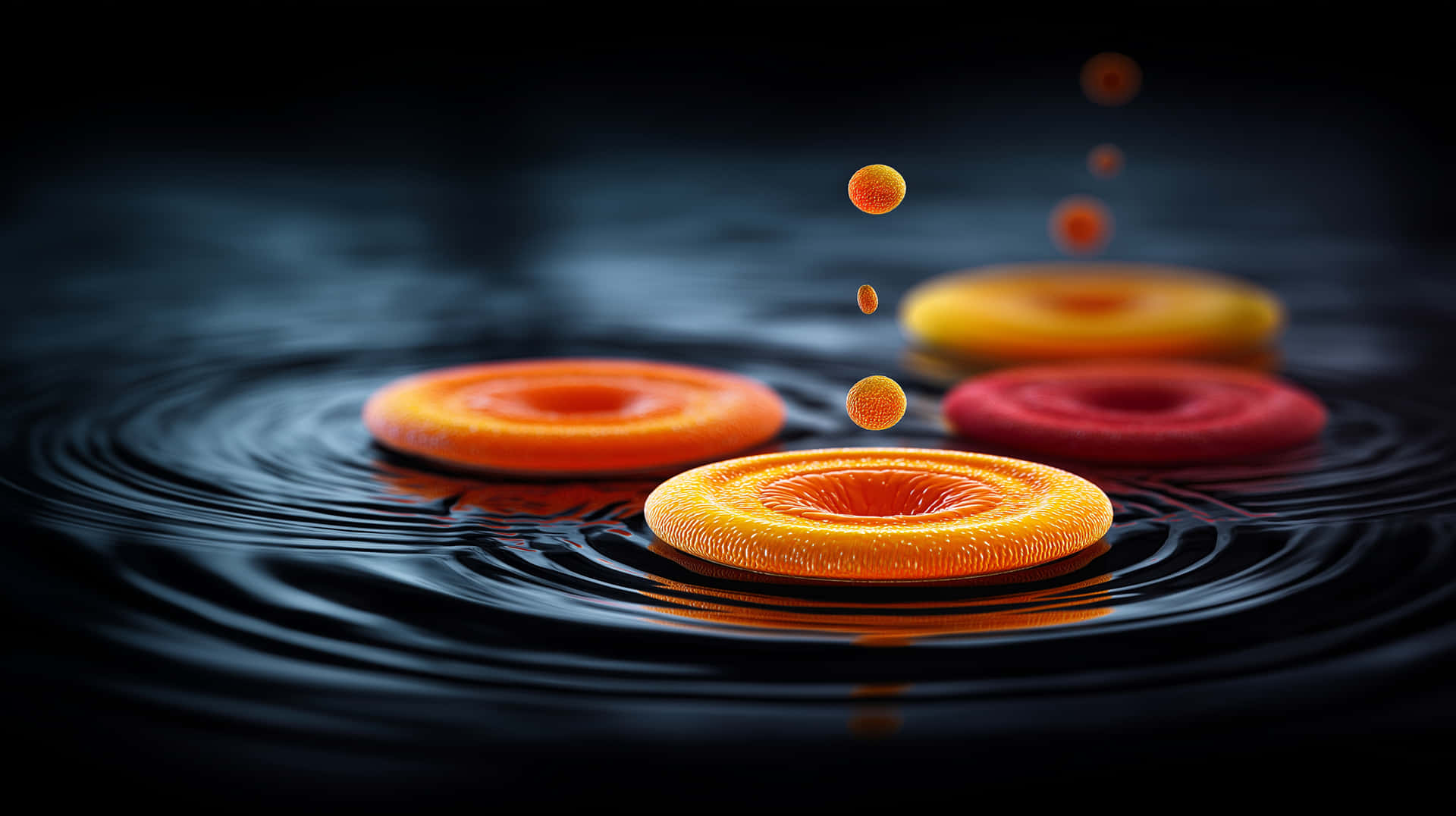 Abstract Orange Rings on Dark Water Surface with Droplets 壁紙 — 鮮豔的橙色、紅色和黃色環形物體漂浮在深色水上，形成同心漣漪，水滴懸浮在半空中。