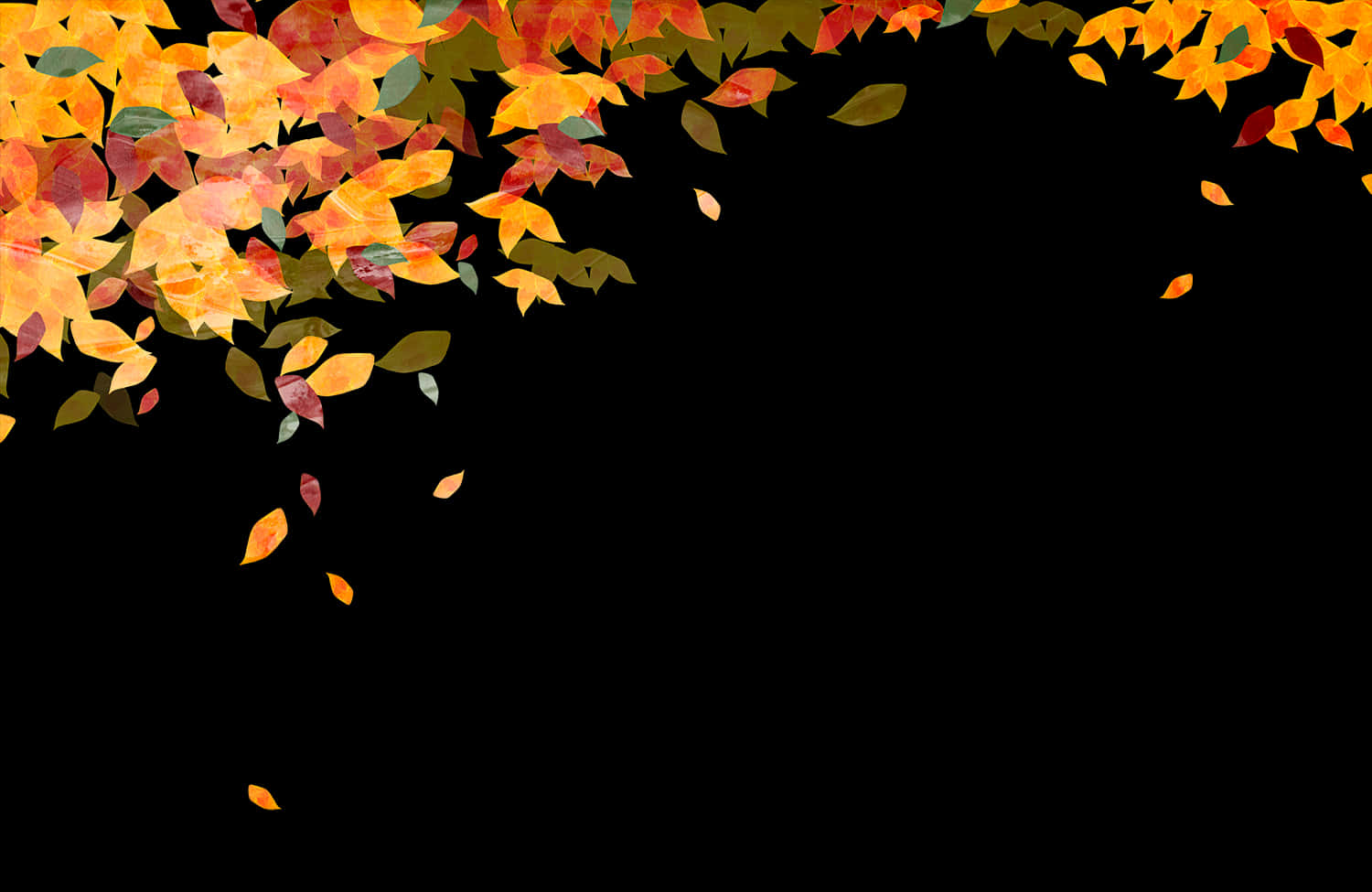 Fall Leaf 桌布 壁紙 — 鮮豔的橙色、黃色和紅色秋葉在純黑色背景上沿對角線層疊。