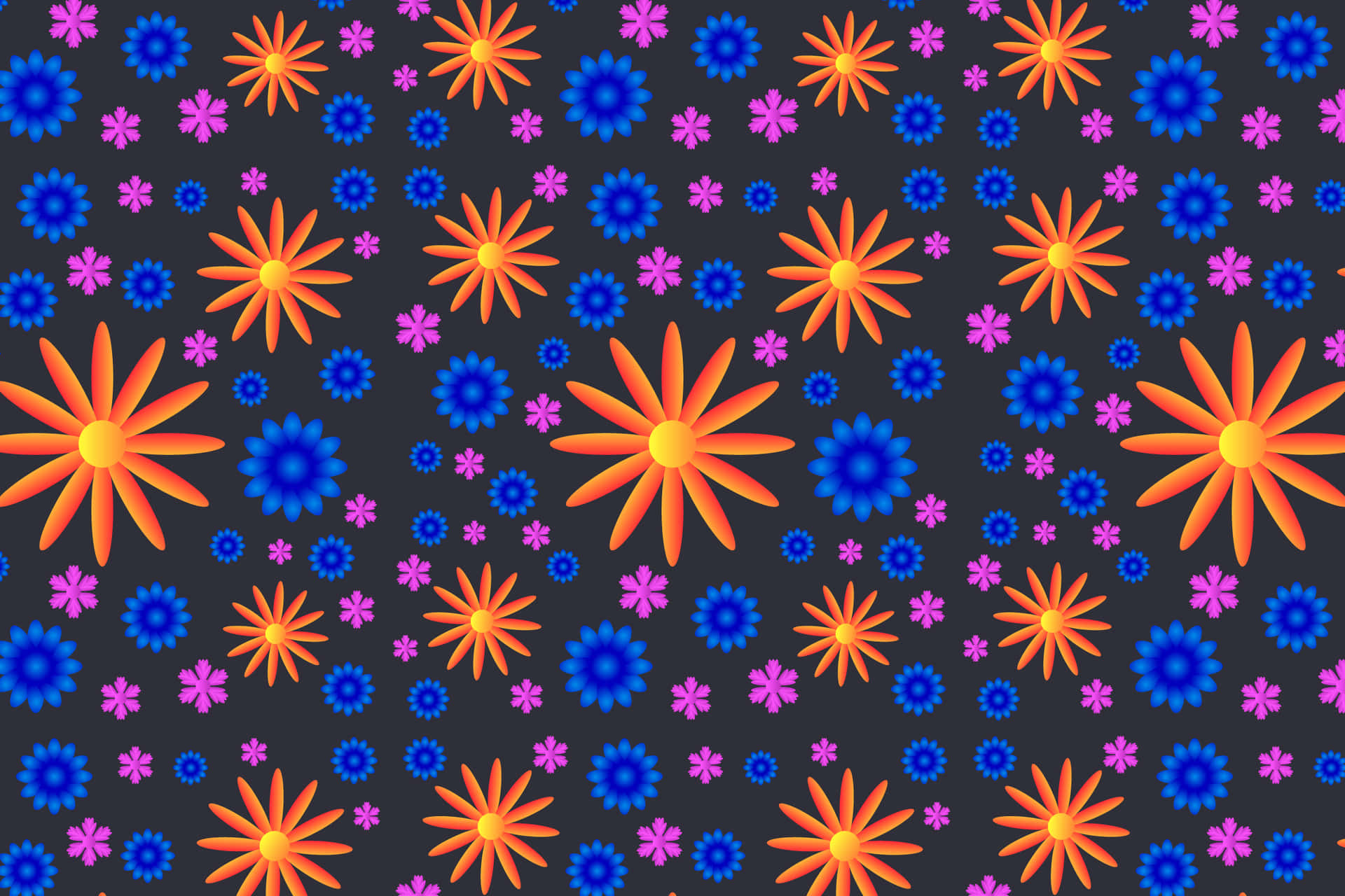 Flower pattern 壁紙 — 鮮豔的橙色、黃色和藍紫色風格化花朵在深灰色背景上以重複圖案綻放。
