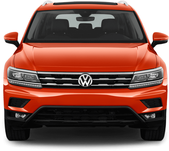 福斯汽車 桌布 壁紙 — 鮮豔的橙色Volkswagen SUV正面視圖，配以時尚頭燈和鍍鉻格柵，背景透明。