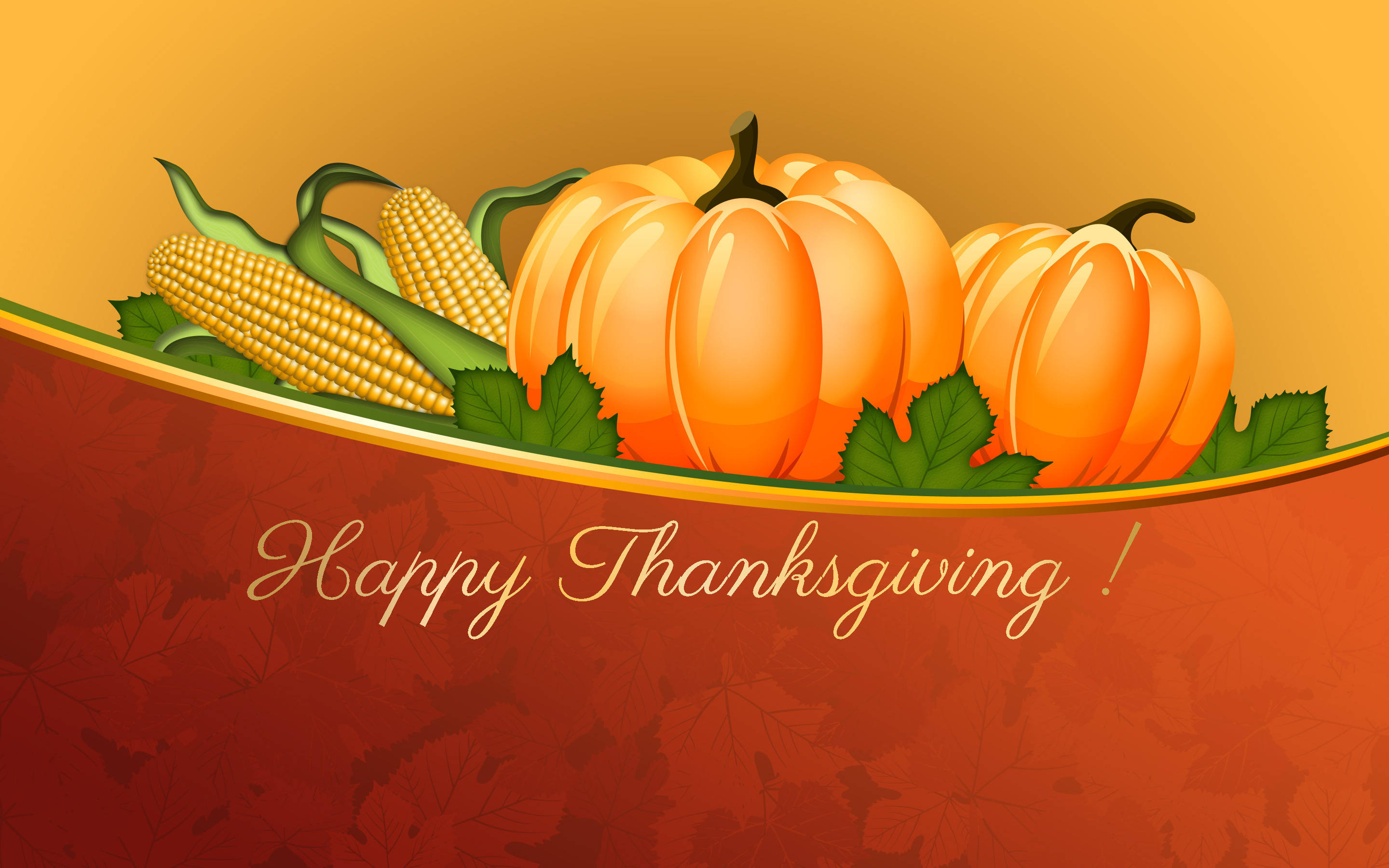 Cute Thanksgiving 桌布 壁紙 — 鮮豔的橙色南瓜和玉米藏在綠葉中，背景是溫暖的漸變色，下方寫有「Happy Thanksgiving!」。