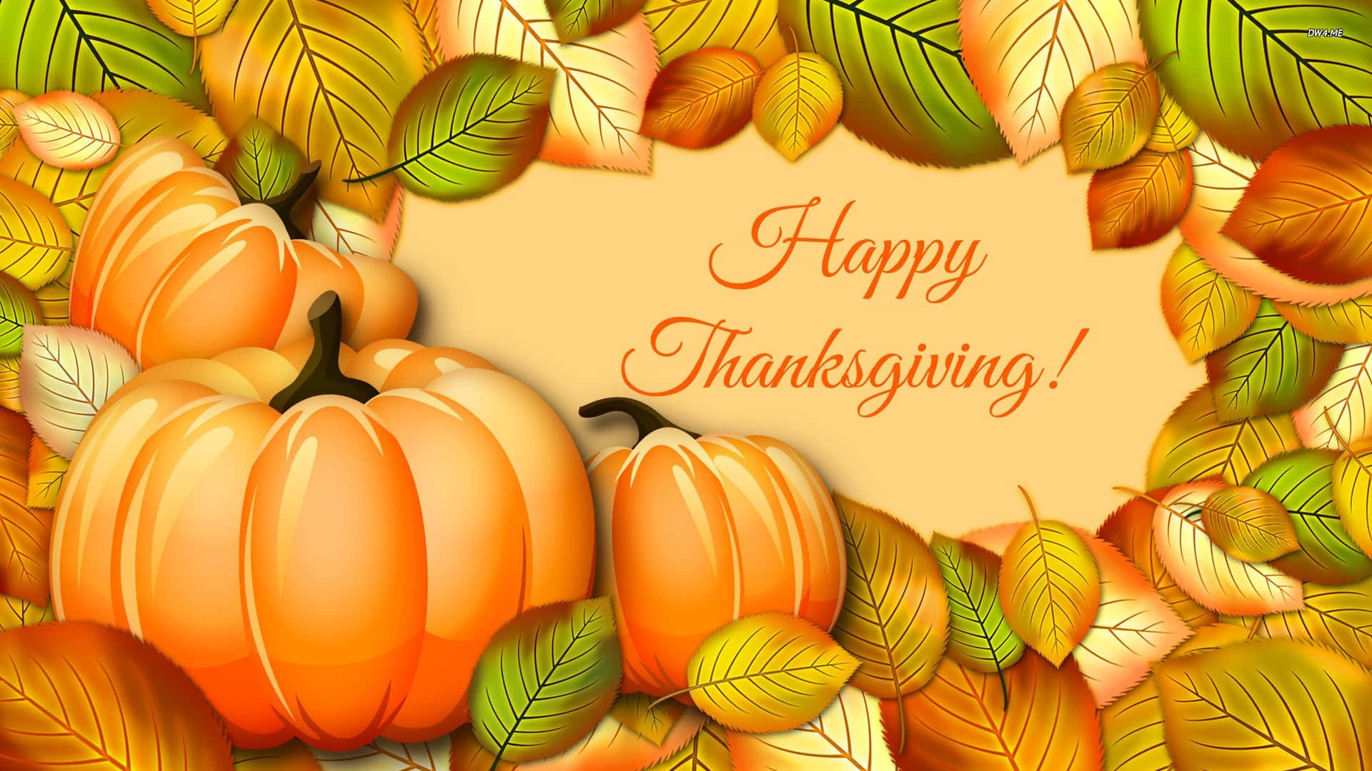 Beautiful Thanksgiving 桌布 壁紙 — 鮮豔的橙色南瓜和秋葉在溫暖的米色背景上環繞著一張歡快的「Happy Thanksgiving!」訊息。