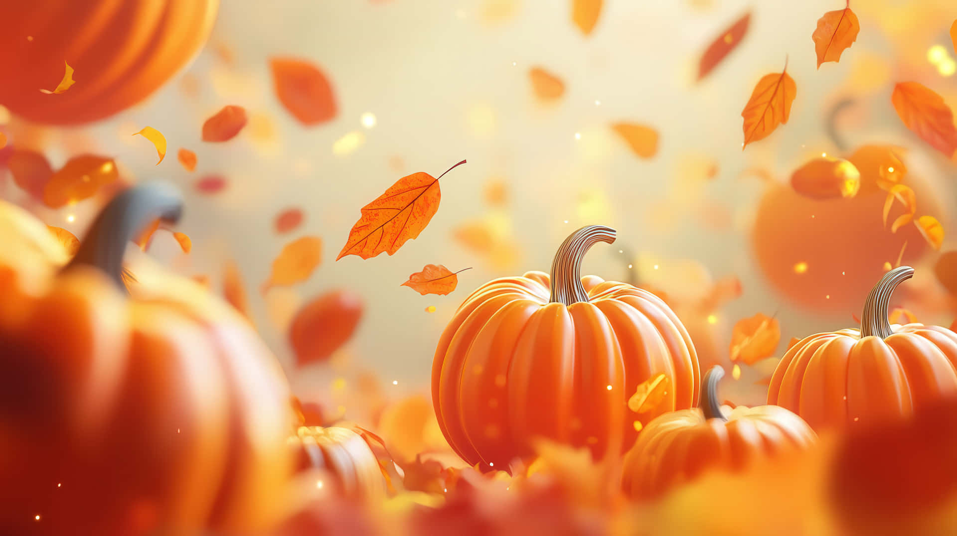 A vibrant autumn scene featuring bright orange pumpkins surrounded by swirling fall leaves 壁紙 — 鮮豔的橙色南瓜和飄落的秋葉在柔和的金色背景下溫暖地發光。