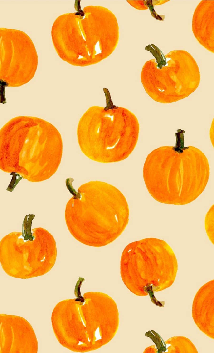 Cute Orange 桌布 壁紙 — 鮮豔的橙色南瓜帶有綠色莖，在水彩風格中漂浮在奶油色米色背景上。