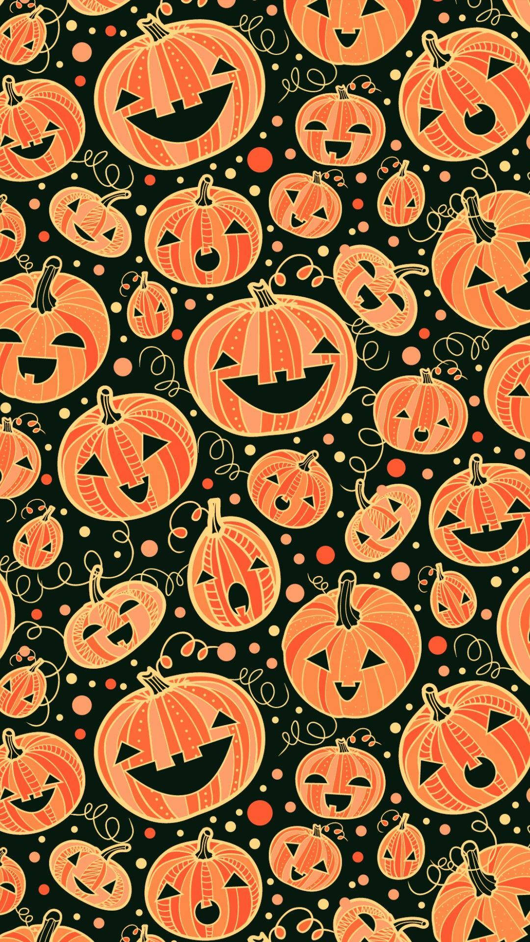 Halloween iPad 桌布 壁紙 — 鮮豔的橙色南瓜燈籠帶著俏皮的表情，漂浮在點綴著奇異漩渦和圓點的黑暗背景上。