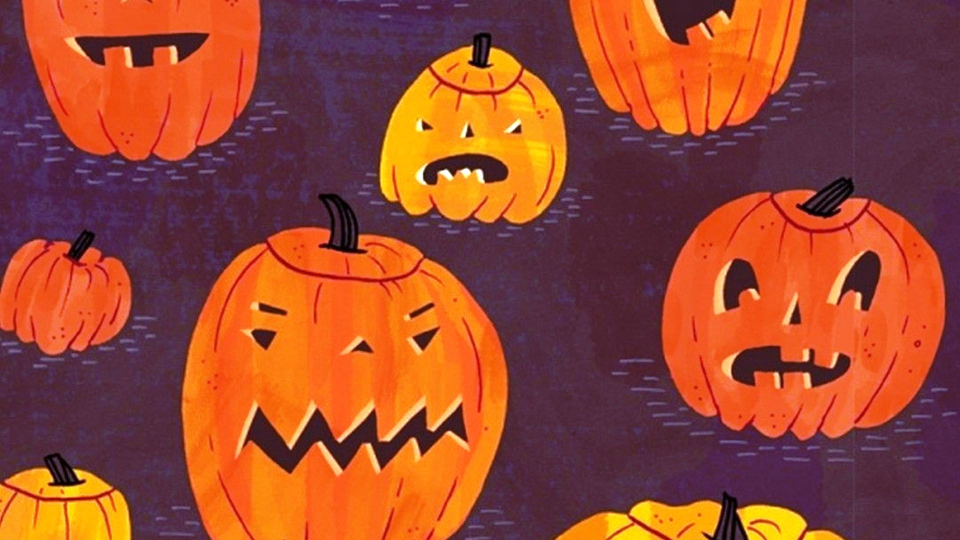 Cute Aesthetic Halloween 桌布 壁紙 — 鮮豔的橙色南瓜燈籠帶著恐怖面孔，在深紫色的萬聖節夜空中漂浮。