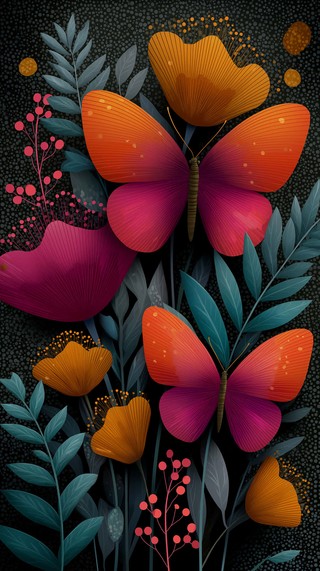 Vibrant Doodle Butterflies Amidst Stylized Foliage Art 壁紙 — 鮮豔的橙色和洋紅色蝴蝶，帶有紋理翅膀，在深色斑點背景上，在藍綠色葉子和粉紅色漿果間飛舞。