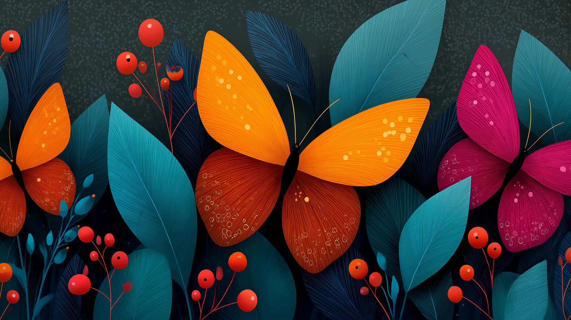 Vibrant Doodle Butterflies Among Lush Botanical Elements 壁紙 — 鮮豔的橙色和洋紅色蝴蝶，帶有紋理翅膀，在深色斑點背景中，在藍綠色葉子和紅色漿果之間飛舞。