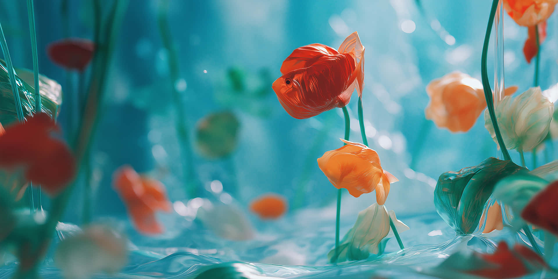 Dreamy Petal Fish 壁紙 — 鮮豔的橙色和白色花朵，綠色莖稈，從波光粼粼的藍綠色水面升起，光線柔和擴散。
