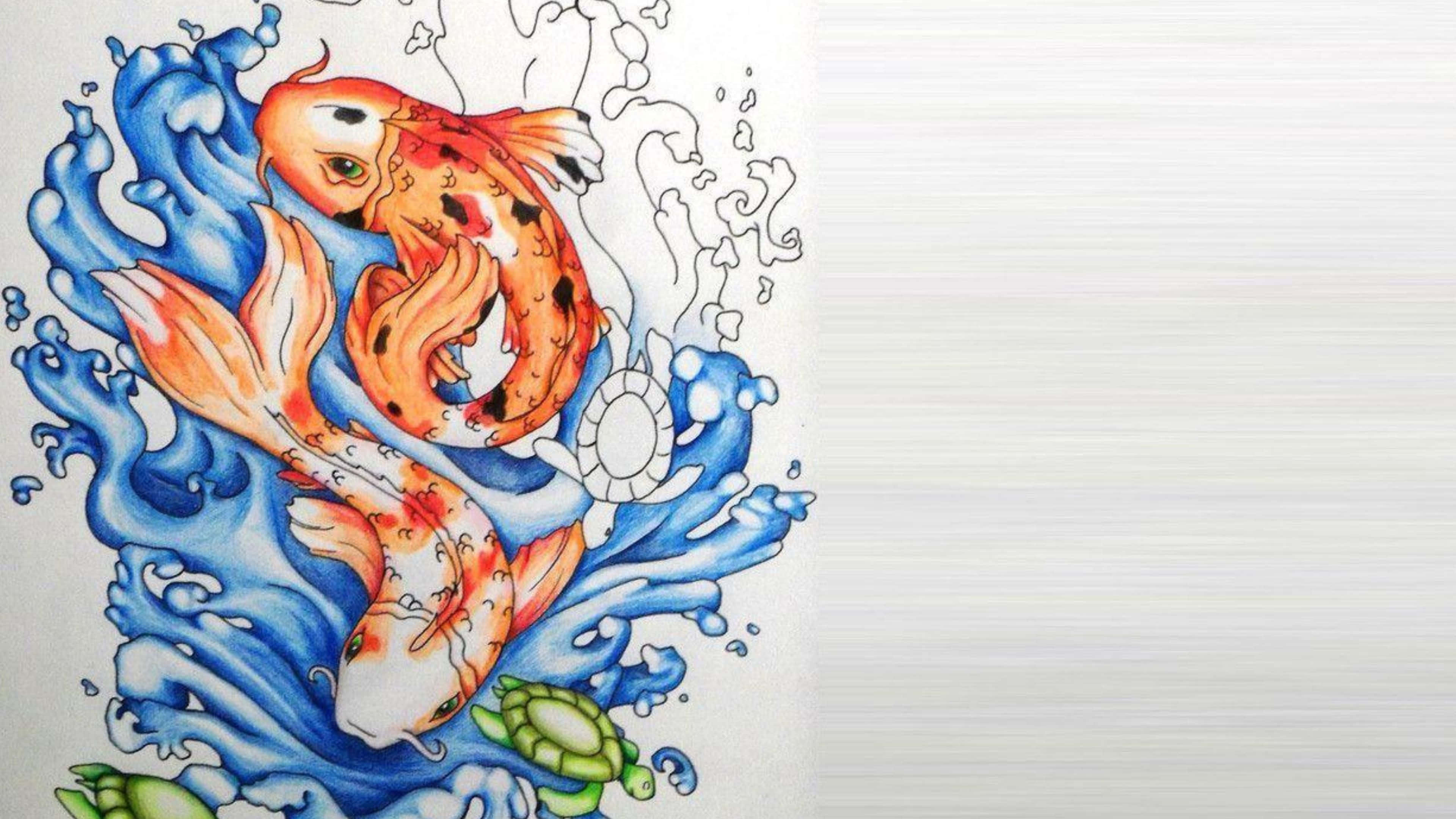 Koi Fish 桌布 壁紙 — 鮮豔的橙色和白色錦鯉在動態的藍色波浪中跳躍，下方有一隻綠色烏龜在紋理紙上。