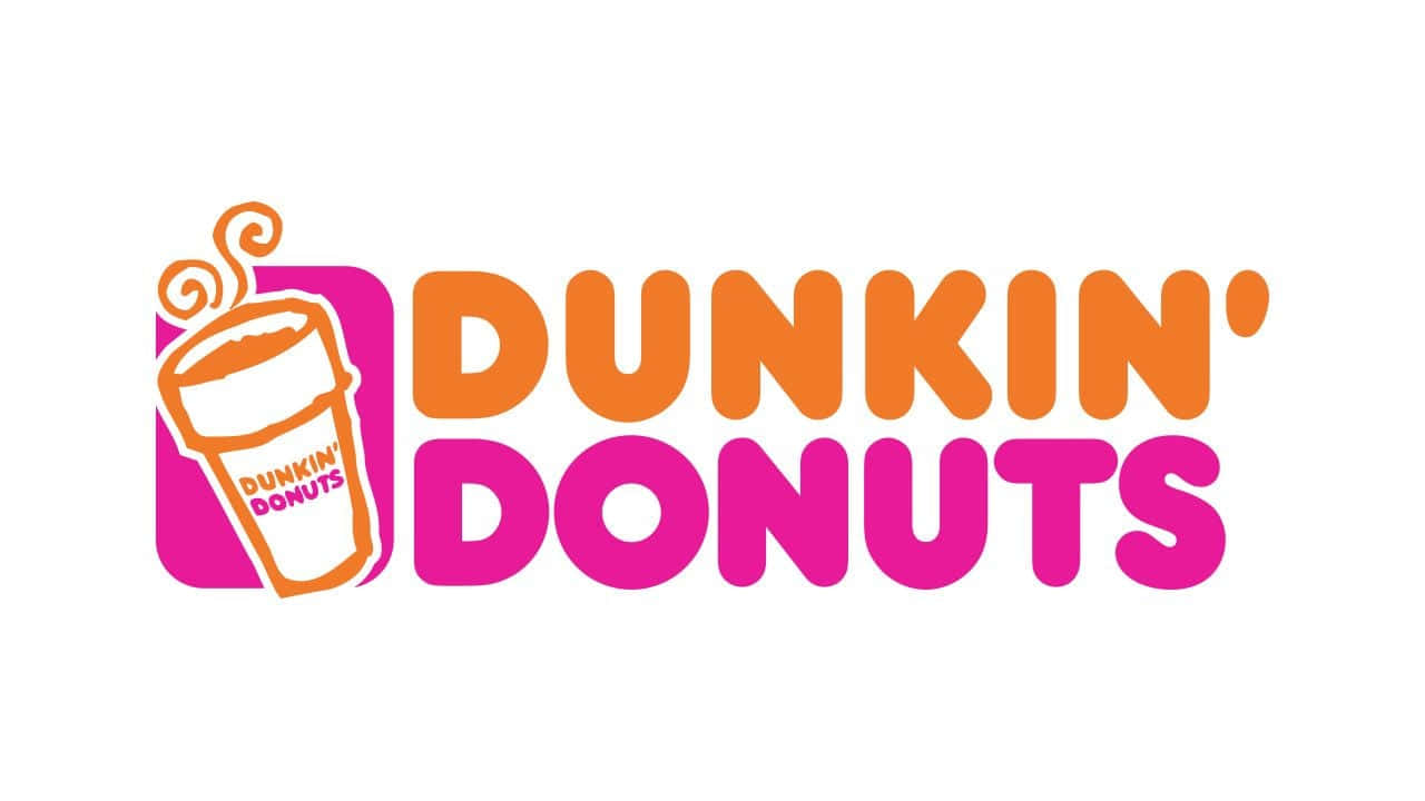 Dunkin Donuts 桌布 壁紙 — 鮮豔的橙色和粉紅色Dunkin' Donuts標誌，在潔白背景上有一個冒煙的咖啡杯圖示。