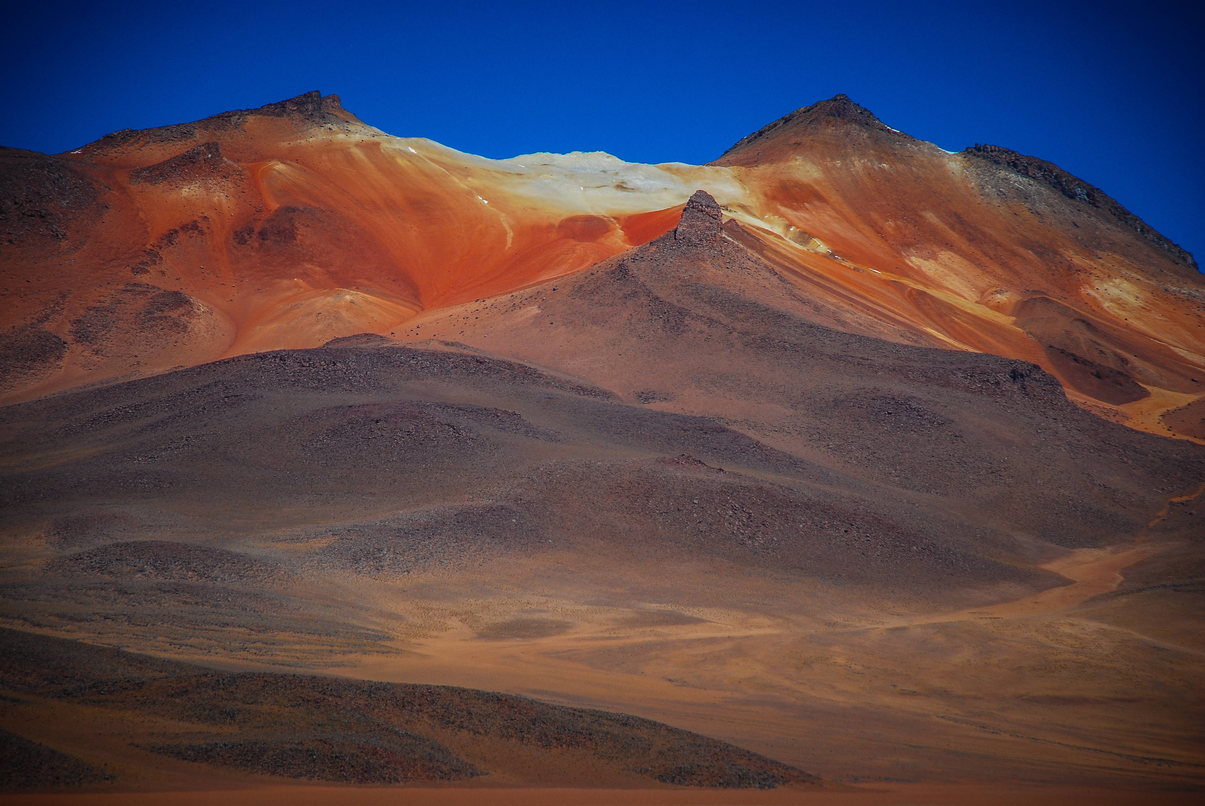 Bolivia 桌布 壁紙 — 鮮豔的橙色和紅色層狀山脈在深藍色天空的映襯下，聳立於荒涼的沙漠景觀中。