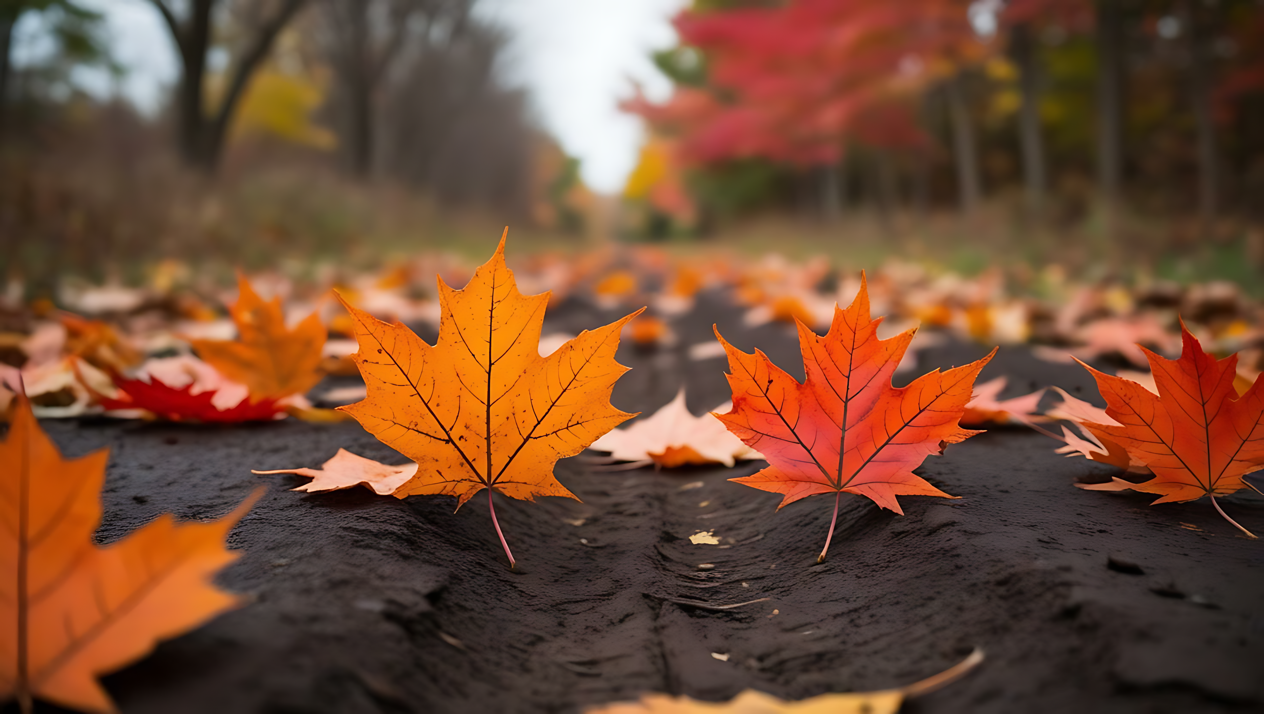 秋季 桌布 壁紙 — 鮮豔的橙色和紅色楓葉躺在黑暗潮濕的泥土上，背景是模糊的秋樹。