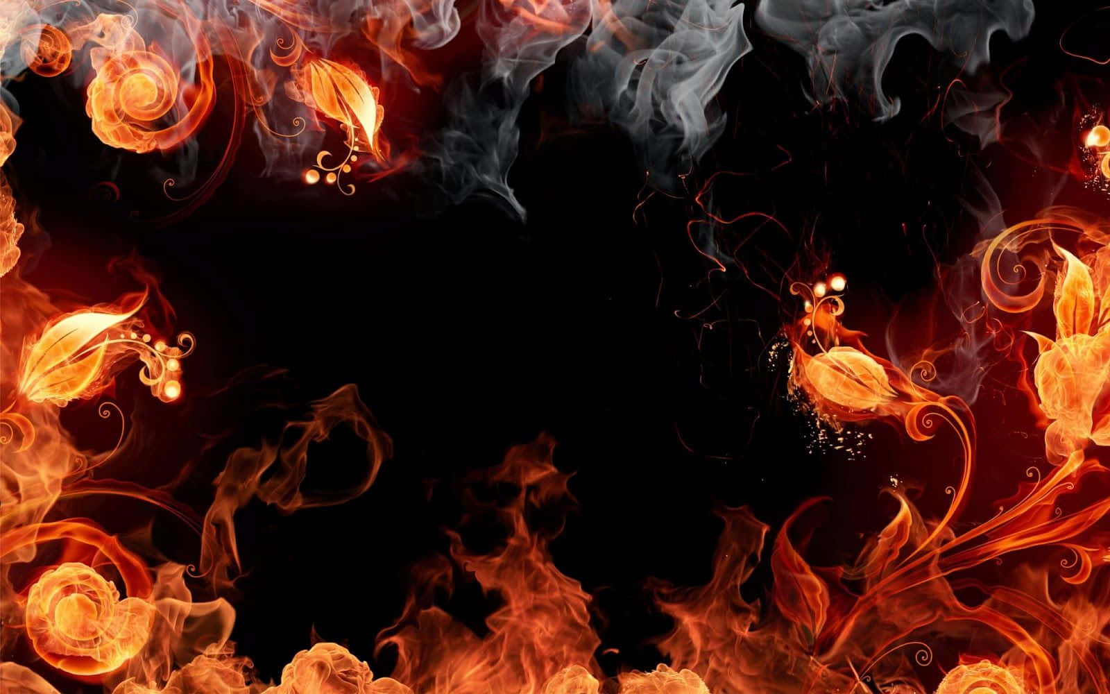 火焰動畫 桌布 壁紙 — 鮮豔的橙色和紅色火焰在深色背景上以華麗圖案旋轉，形成火熱的裝飾邊框。