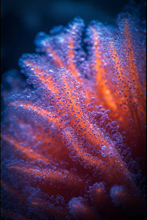 Neon Coral Polyps Close-Up – 8K Macro Underwater 壁紙 — 鮮豔的橙色和紫色珊瑚，帶有發光的半透明水螅體，背景是深藍色的水下環境。