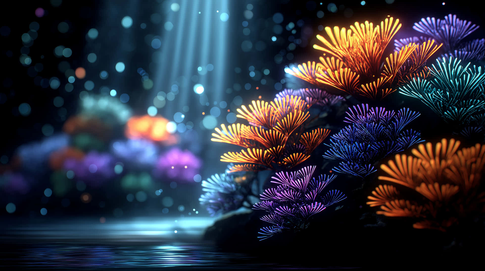 Vibrant Glowing Coral Reef in Deep Underwater Environment 壁紙 — 鮮豔的橙色和紫色珊瑚結構在黑暗的水下場景中，在光線照射下發光，並有漂浮的粒子。