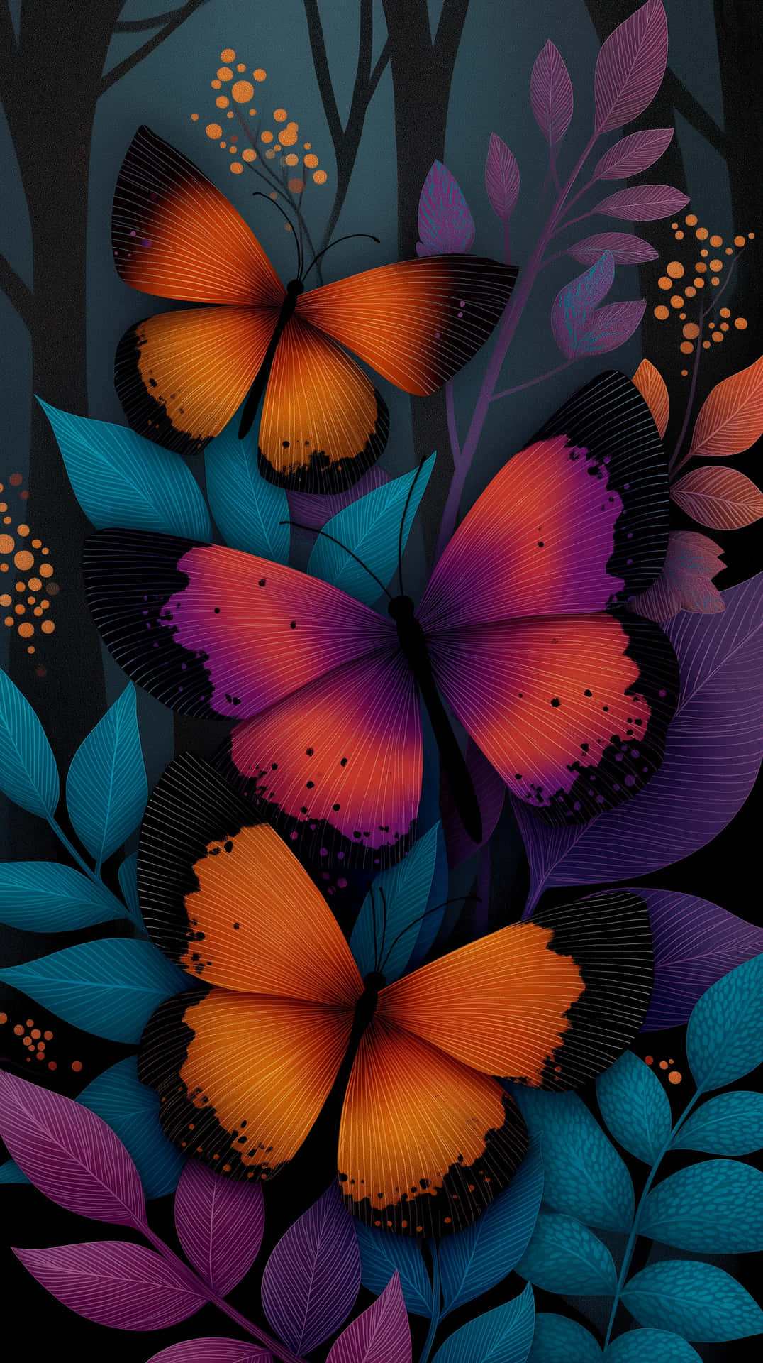 Whimsical Doodle Butterflies in Dark Garden 壁紙 — 鮮豔的橙色和紫色蝴蝶帶有黑色邊緣，在深色森林背景下，在藍綠色和紫羅蘭色的葉子間飛舞。