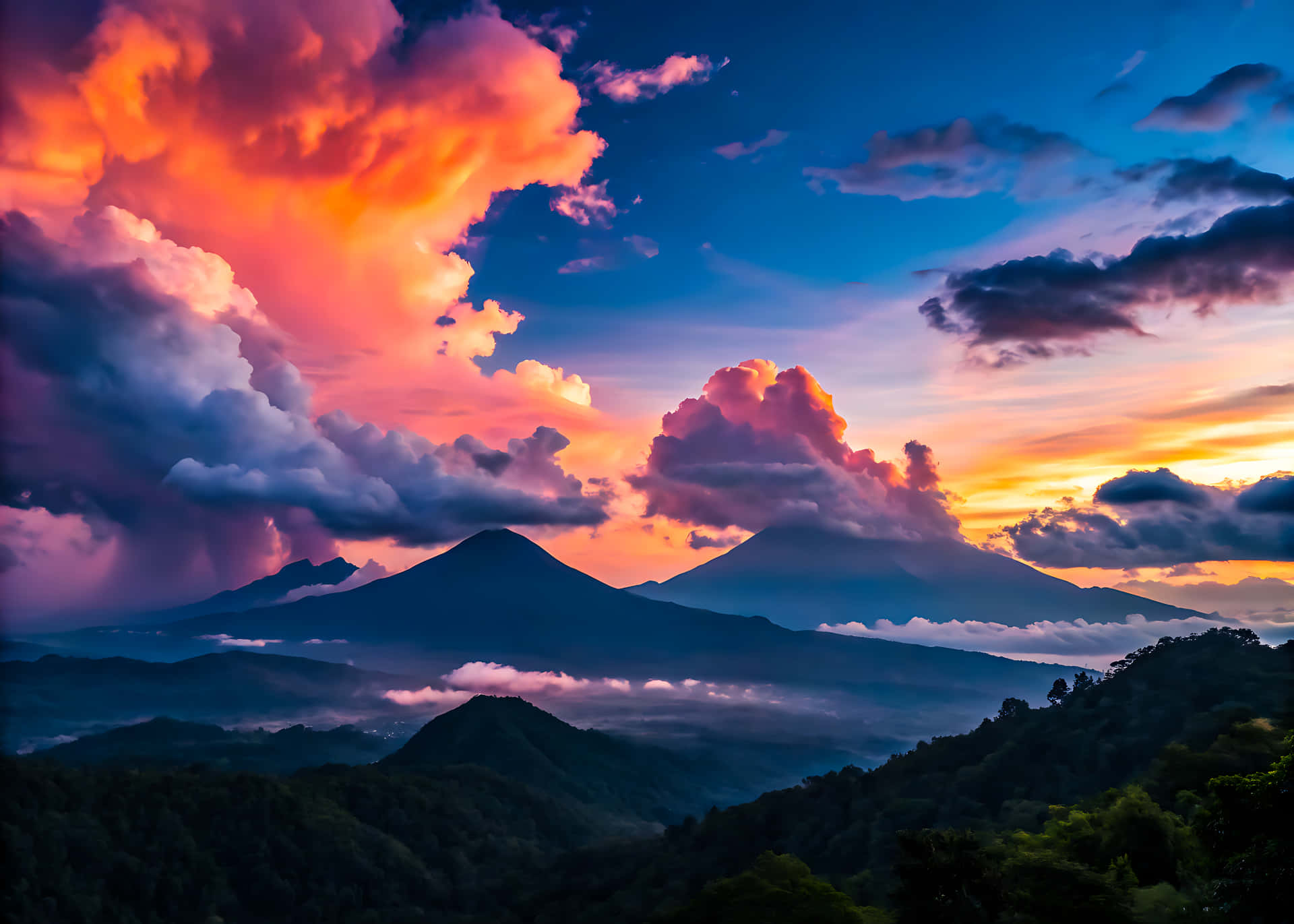 Beautiful red sunset over the blue mountains landscape with clouds 壁紙 — 鮮豔的橙色和紫色雲朵在剪影般的火山山峰上方爆發，霧氣籠罩著下方的森林山谷。
