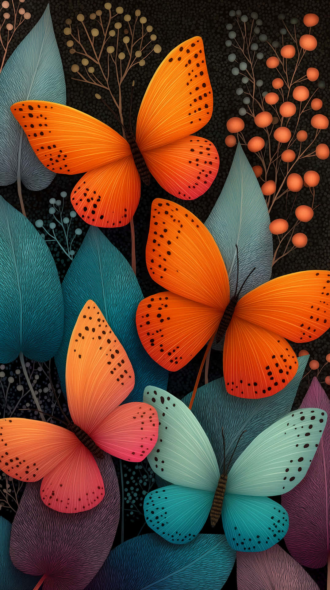 Artistic Doodle Butterflies and Foliage Composition 壁紙 — 鮮豔的橙色和藍綠色蝴蝶帶有黑色斑點，在質感葉片和漿果簇間飛舞，背景為深色斑點。