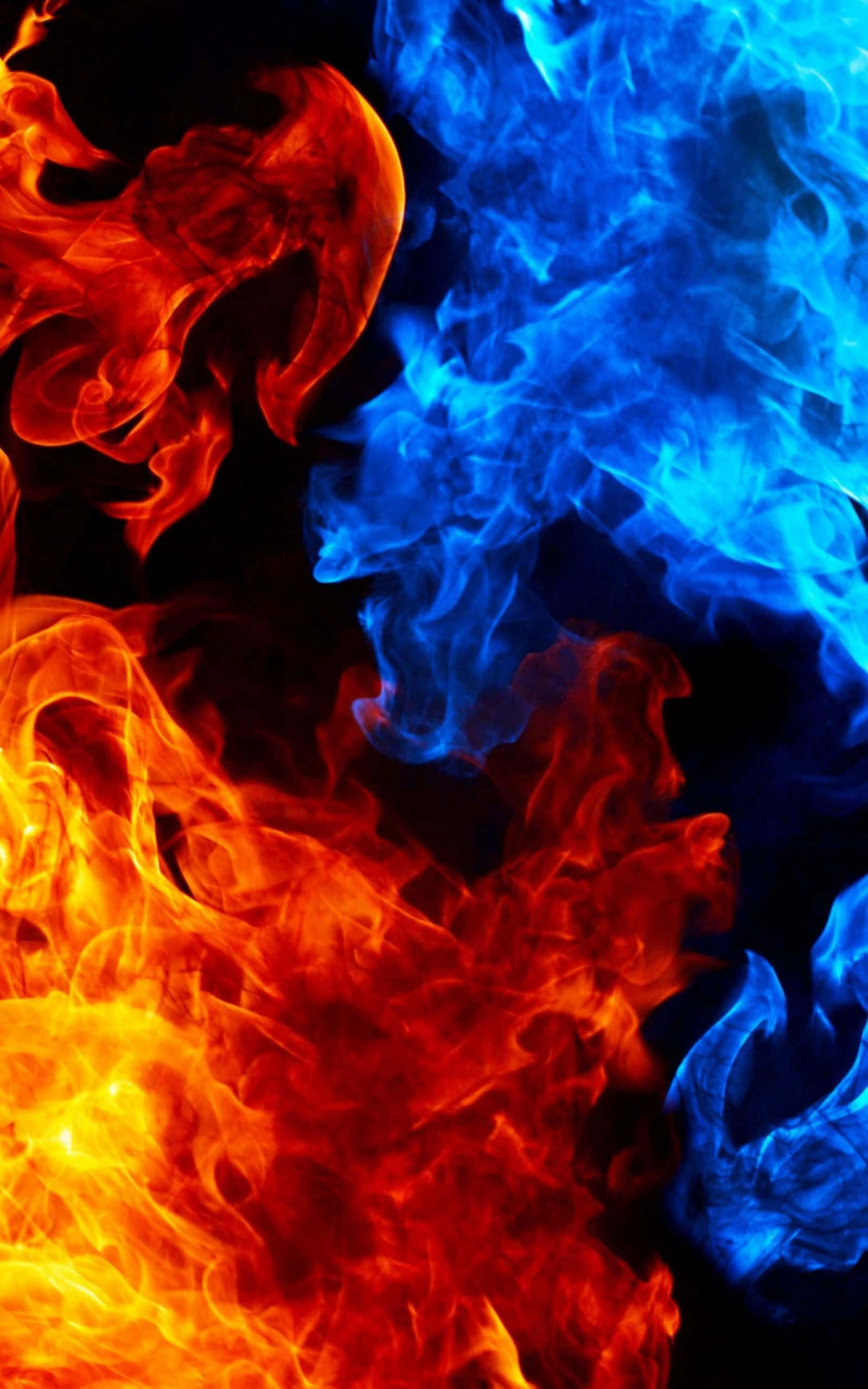Red And Blue Fire 桌布 壁紙 — 鮮豔的橙色和藍色火焰在純黑色背景上動態旋轉，營造出戲劇性的元素對比。