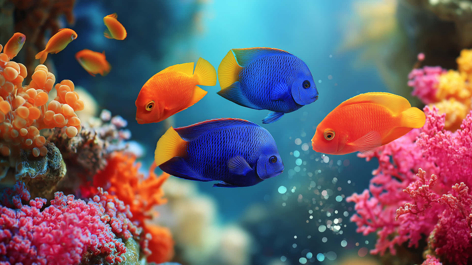 Vibrant Tropical Fish in a Dynamic Coral Reef Environment 壁紙 — 鮮豔的橙色和藍色魚兒在陽光照射的海水中，在鮮豔的粉紅色和橙色珊瑚結構間優雅地游動。