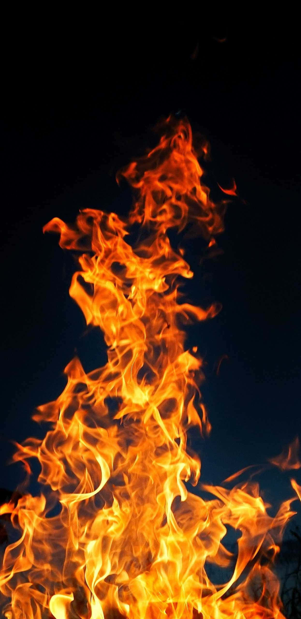 Flame 桌布 壁紙 — 鮮豔的橙色和黃色火焰在深黑色夜空背景下以動態垂直構圖向上翻湧。
