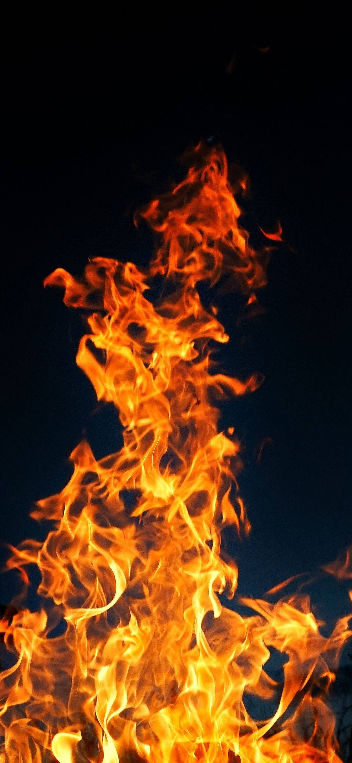 iPhone Fire 桌布 壁紙 — 鮮豔的橙色和黃色火焰在深黑色的夜空背景下向上翻騰，形成動態的垂直火焰。