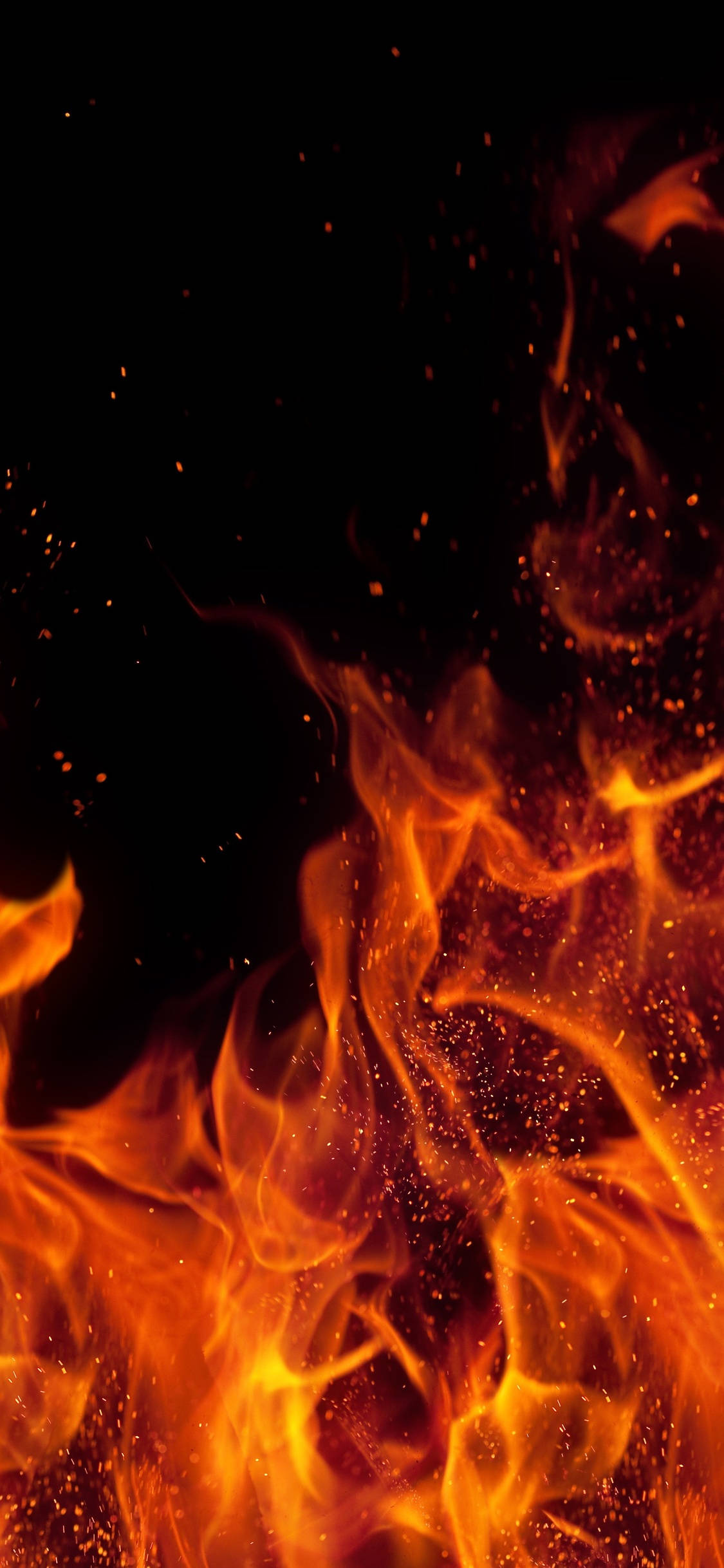 iPhone Fire 桌布 壁紙 — 鮮豔的橙色和黃色火焰在深黑色背景上舞動，發光的餘燼向上飄浮。