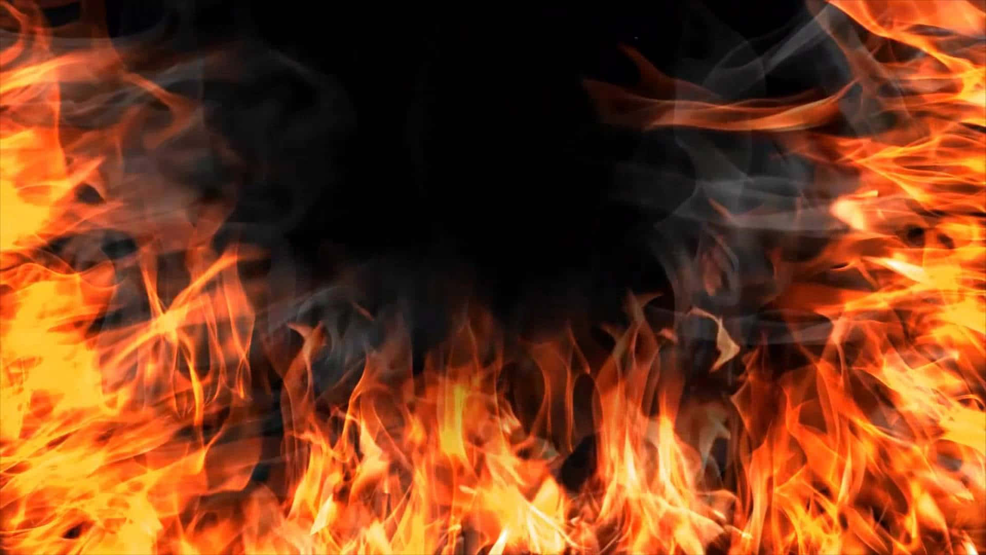 火焰動畫 桌布 壁紙 — 鮮豔的橙色和黃色火焰在純黑背景上猛烈向上竄升，灰色煙霧縷縷環繞。