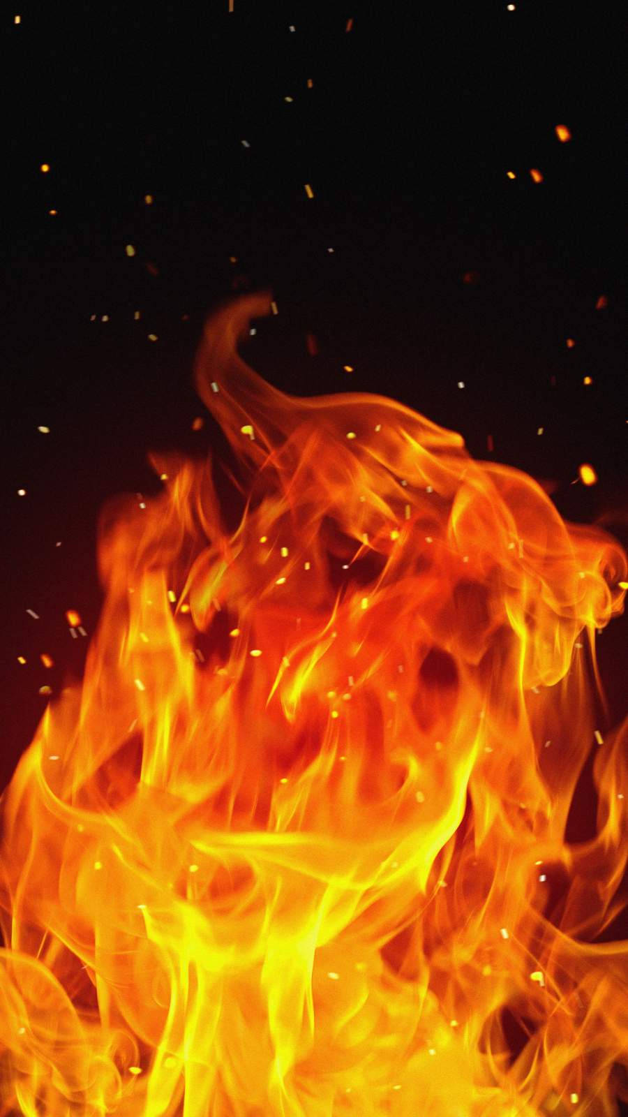 Red Fire 桌布 壁紙 — 鮮豔的橙色和黃色火焰在黑暗背景上向上翻騰，周圍漂浮著發光的餘燼。