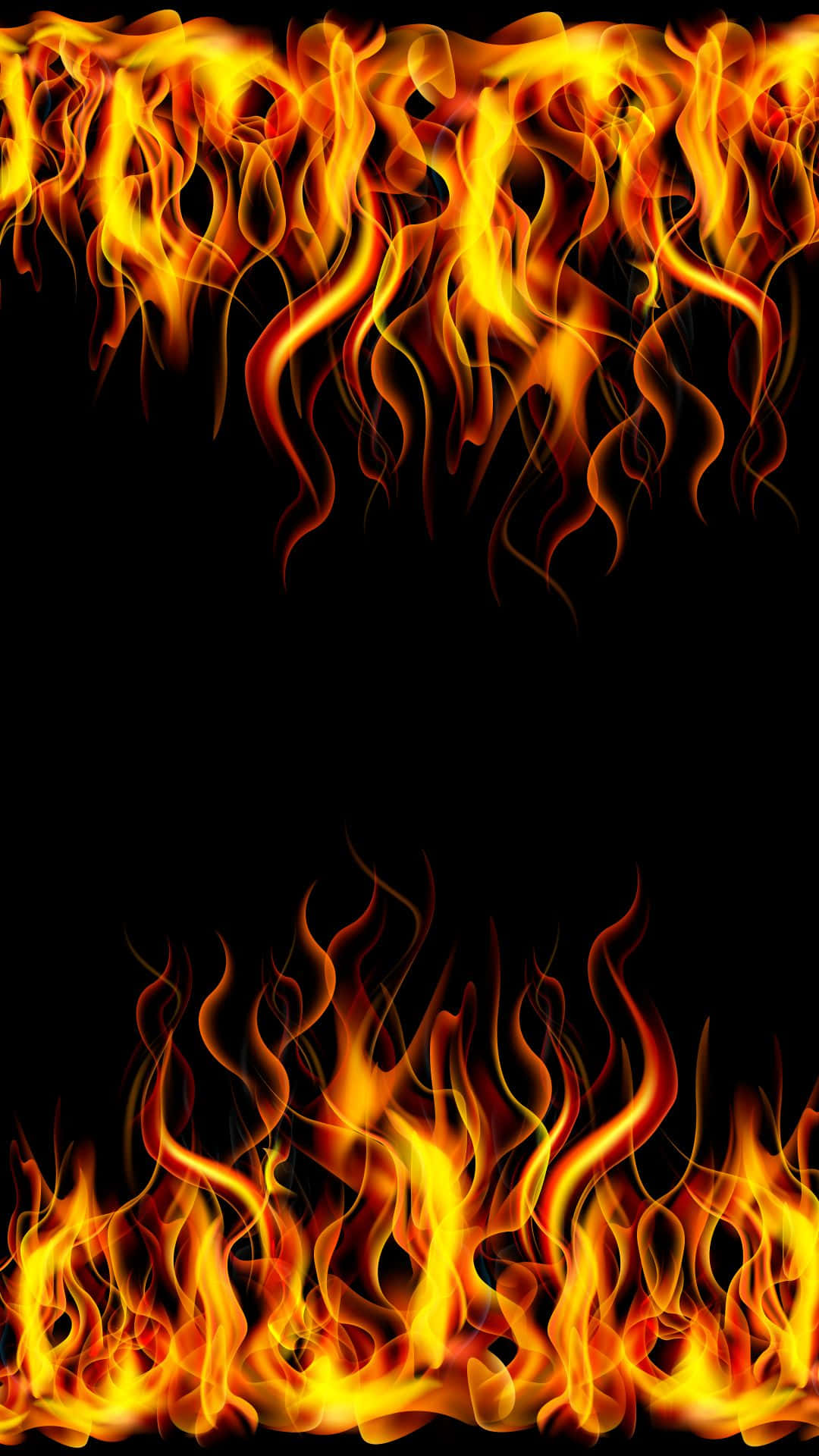 Flame 桌布 壁紙 — 鮮豔的橙色和黃色火焰從頂部和底部傾瀉而下，映襯著純黑色背景。
