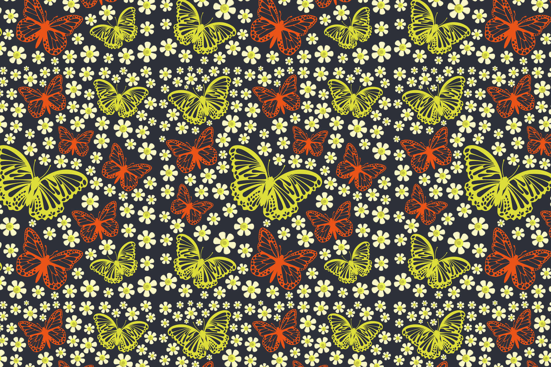 Butterfly Pattern 壁紙 — 鮮豔的橙色和黃色蝴蝶，帶有斑點翅膀，在深海軍藍背景上，在淡黃色花朵間飛舞。