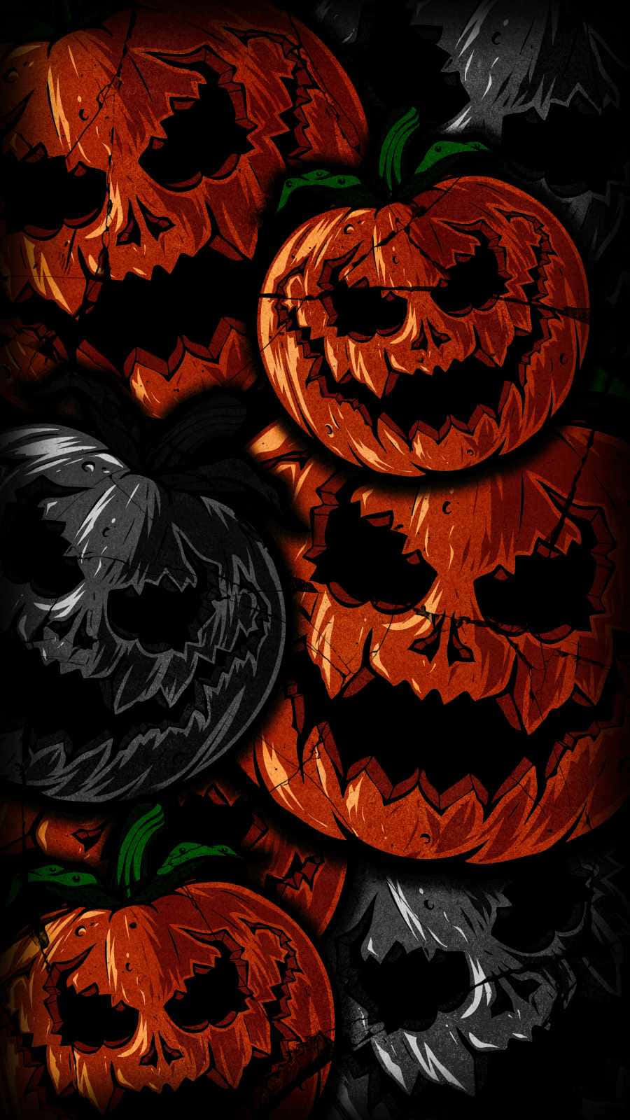 iPhone Halloween 桌布 壁紙 — 鮮豔的橙色和黑色南瓜燈，帶有鋸齒狀的笑容和綠色莖，在黑暗背景下聚集。