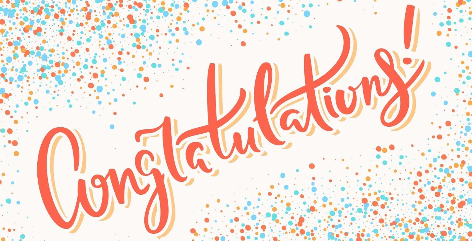 Congratulations 桌布 壁紙 — 鮮豔的橙色字體拼寫出恭喜，周圍環繞著藍色和橙色的五彩紙屑點，背景為白色。