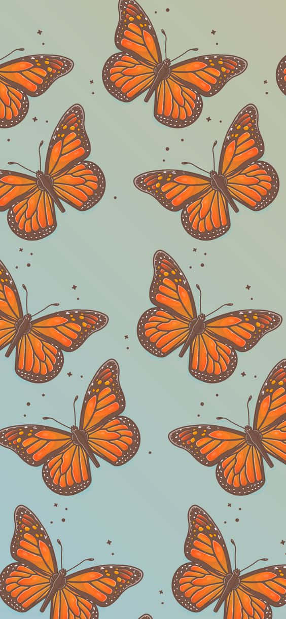 Cool Butterfly 桌布 壁紙 — 鮮豔的橙色帝王蝶，帶有黑色脈絡和白色斑點，在點綴著小星星的柔軟薄荷綠背景上飛舞。