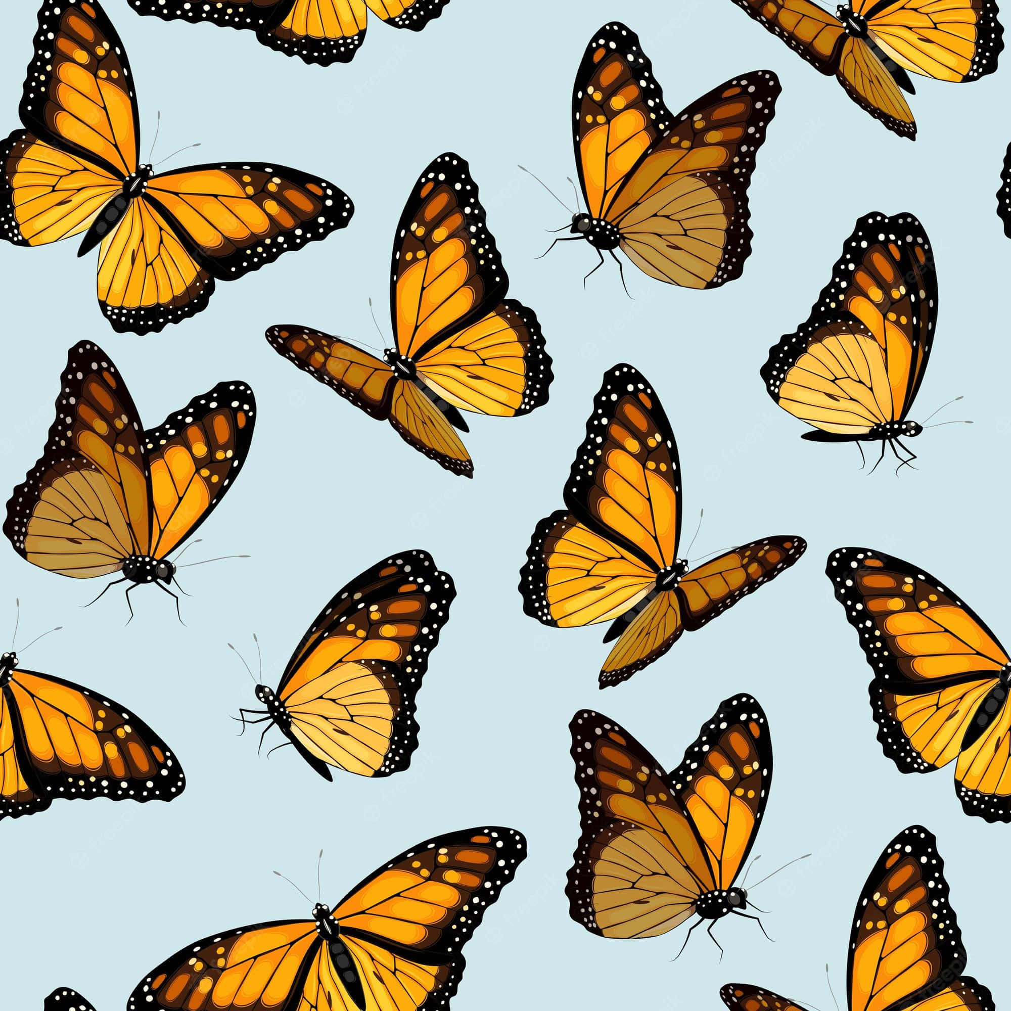 Monarch Butterfly 桌布 壁紙 — 鮮豔的橙色帝王蝶帶有黑色脈絡和白色斑點，在柔和的藍色背景上以無縫圖案飛舞。